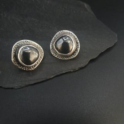 Textured Silver And Pyrite Gemstone Stud Earrings..