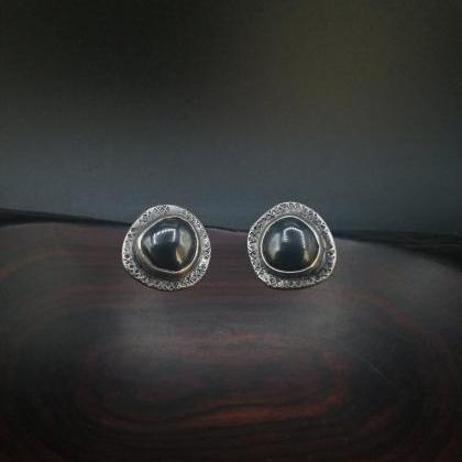 Textured Silver And Pyrite Gemstone Stud Earrings..