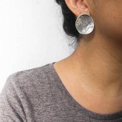 Large Disc Earrings Raw Silver Studs Oxidized..