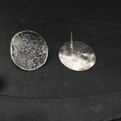 Large Disc Earrings Raw Silver Studs Oxidized..