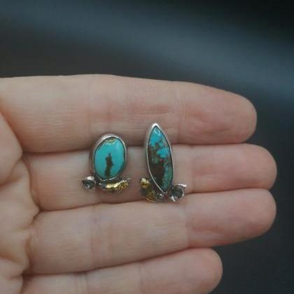 Mismatched Turquoise Silver And 24k Gold Floral..