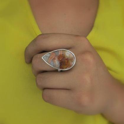 Crazy Lace Agate And Sterling Silver Ring.
