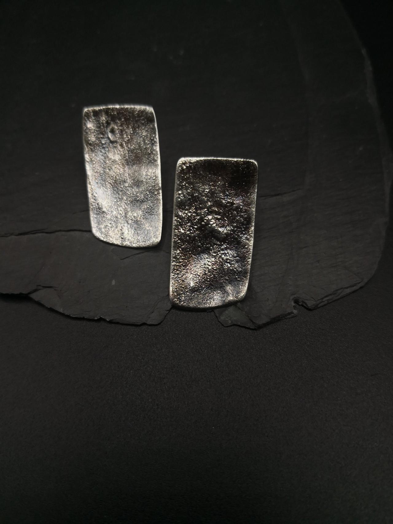 Large Wabi Sabi Raw Silver Studs Oxidized Silver Rectangle Earrings Modern Bohemian Bold Everyday Design Statement Earrings Strong Primitive