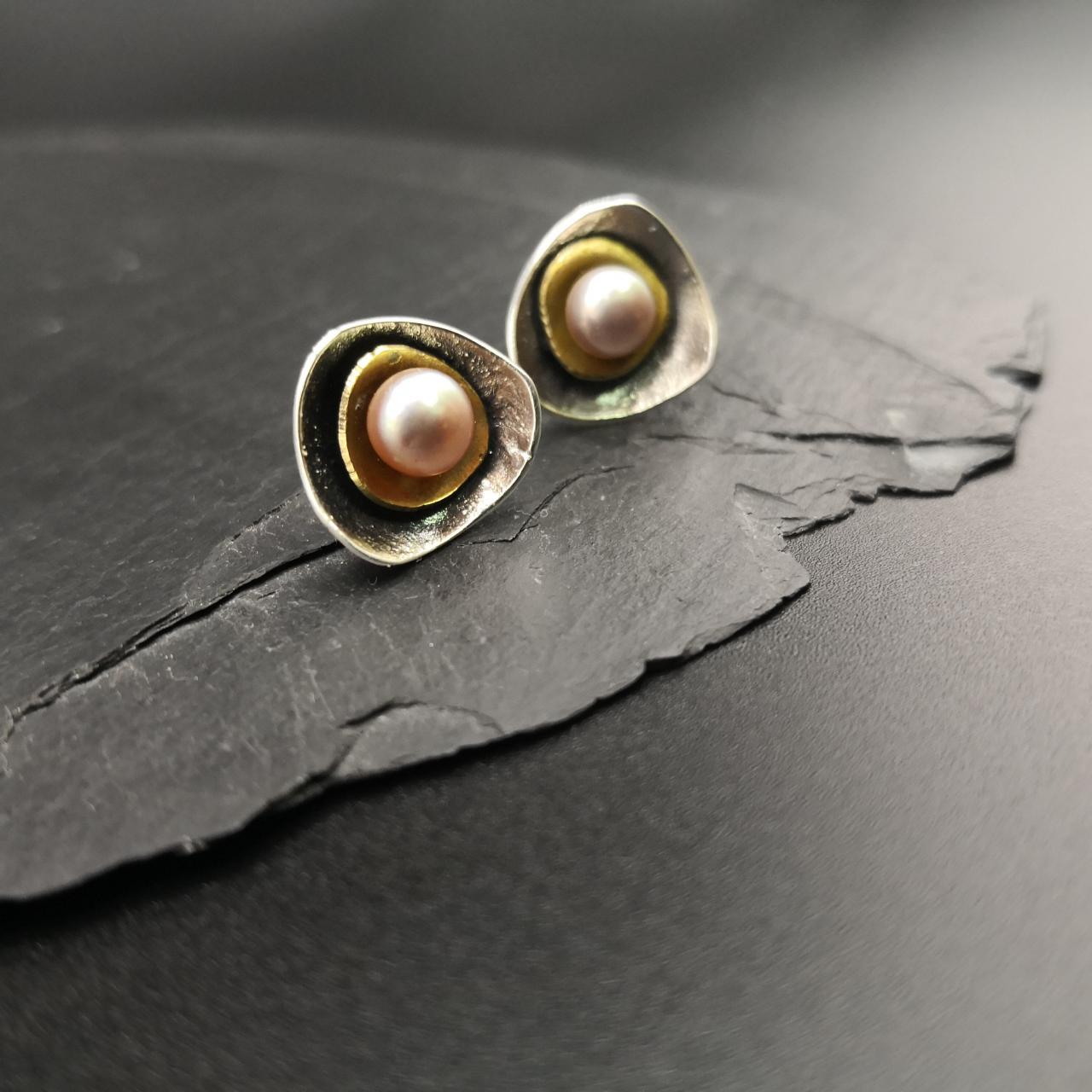 Modern Pink Pearl Stud Earrings Edgy Silver Jewelry Unique Gifts Contemporary Industrial Design For Worman Mixed Metal Geometric Earrings