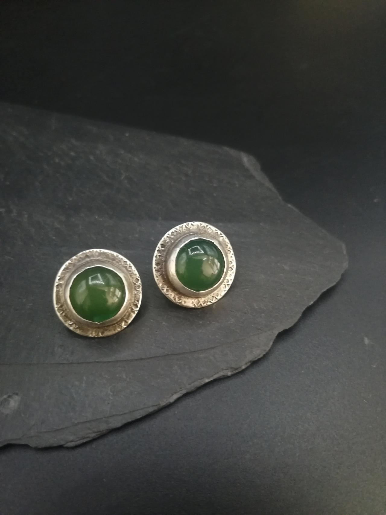 Bold Green Chalcedony With Hammered Textured Pattern Raw Statement Silver Posts Natural Gem Stud Earrings Simple Classic Wabi Sabi Style