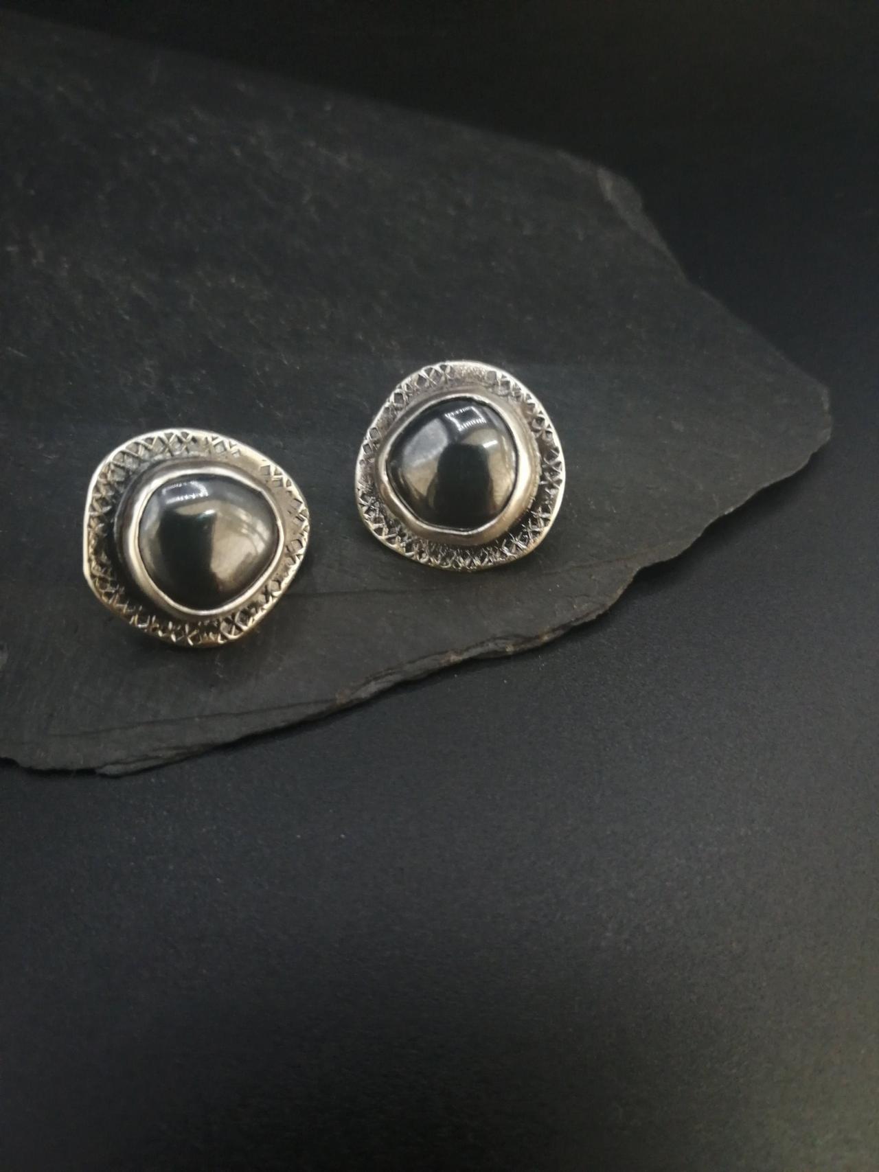 Textured Silver And Pyrite Gemstone Stud Earrings With Stamped Oxidize Pattern Light And Dark Designer Jewelry Simple Yet Unique Wabi Sabi