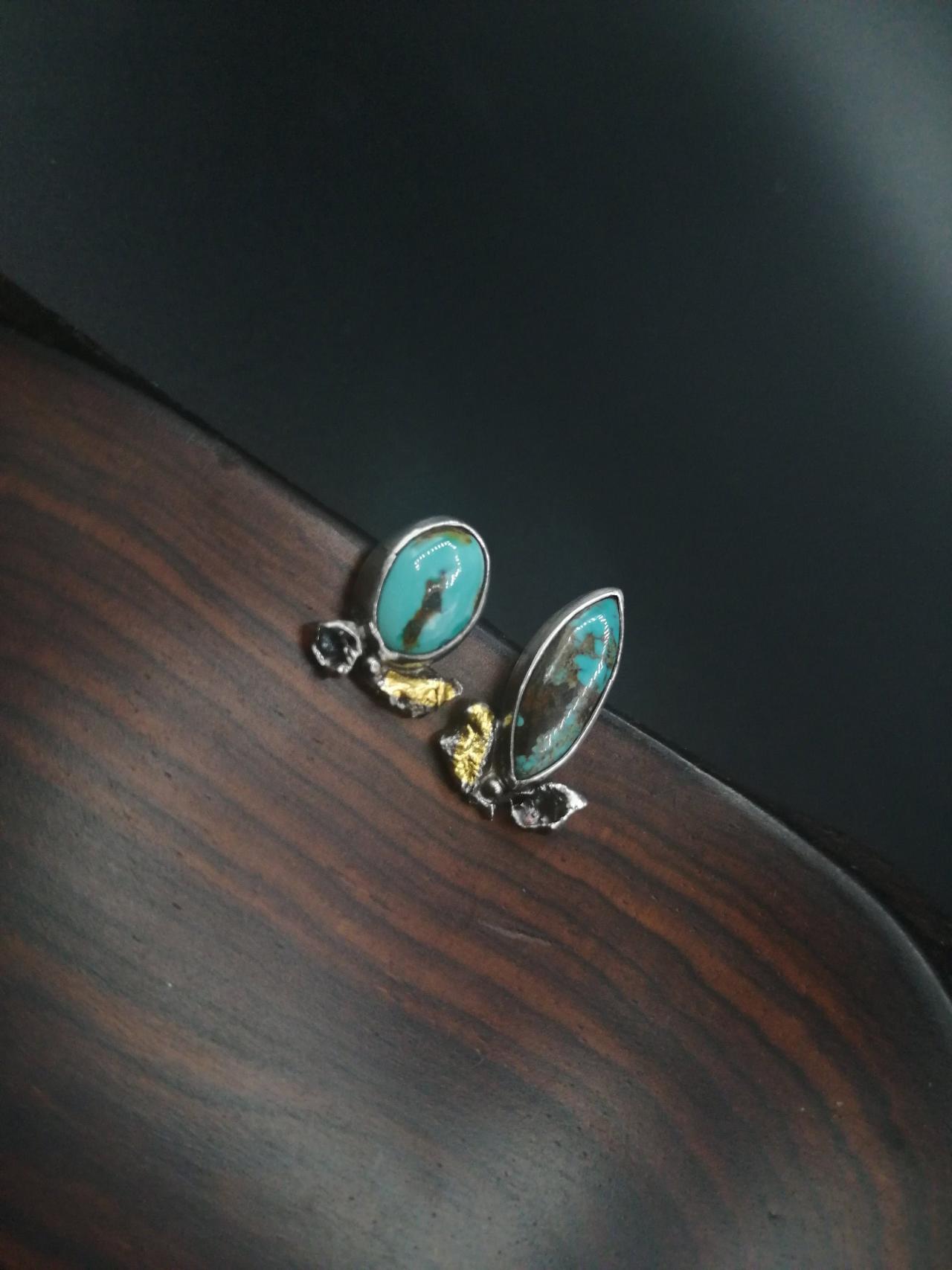 Mismatched Turquoise Silver And 24k Gold Floral Nature Inspired Bloom Studs Natural Gemstones Elegant Zen Wabi Sabi Style Original Jewelry