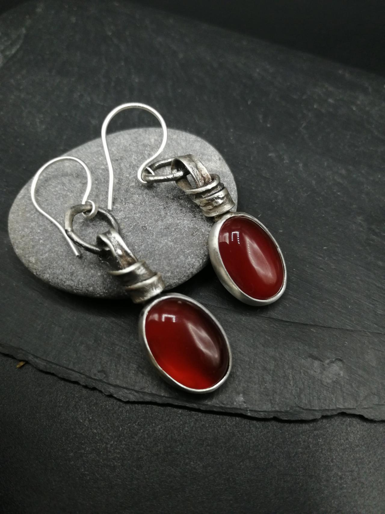 Charming Bright Red Agate And Oxidized Raw Rugged Recycled Sterling Silver Dangle Earrings Fun Summer Natural Gemstones Wabi Sabi Design