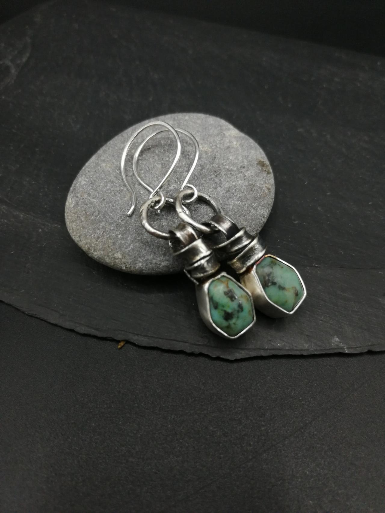 Boho Sweet Green Turquoise And Oxidized Raw Recycled Sterling Silver Drop Earrings Natural Gemstones Zen Rough Wabi Sabi Fun Unique Design