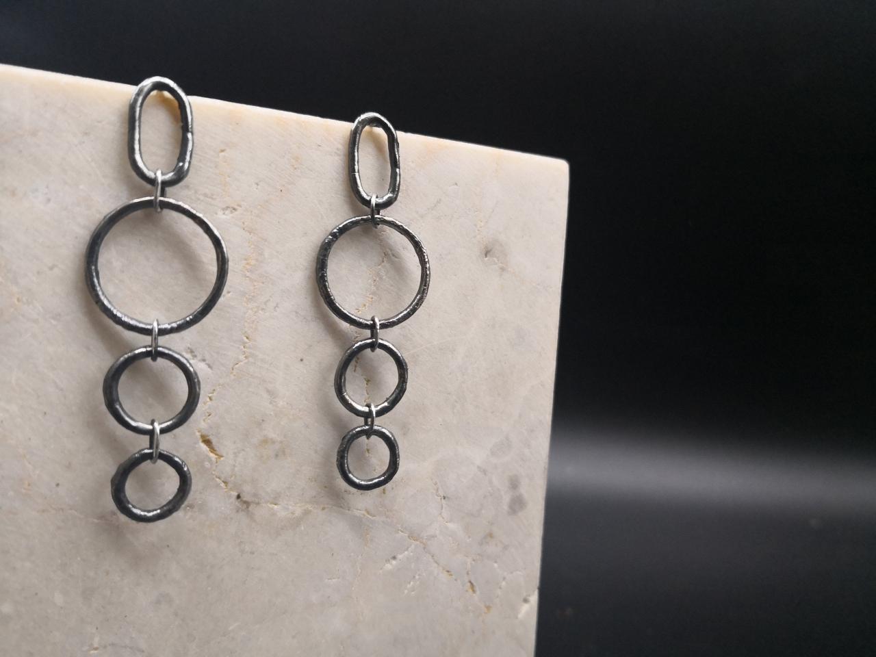 Monochromatic Long Circle Chain Earrings Handmade With Recycled Sterling Silver, Bohemian Yet Modern, Available In Polished And Oxidized.