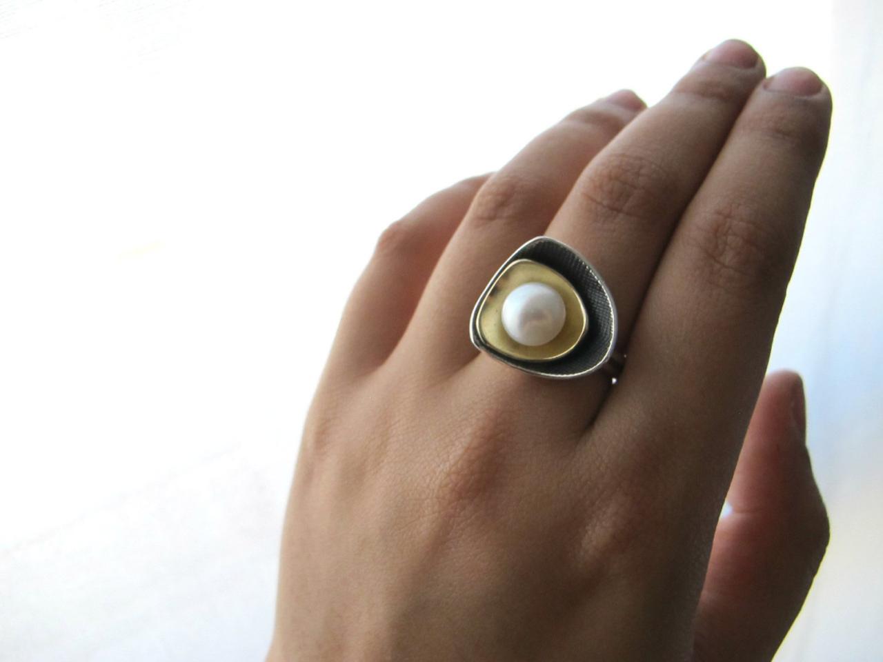 Layers- Sterling Silver,bronze And Freshwater Pearl Ring.