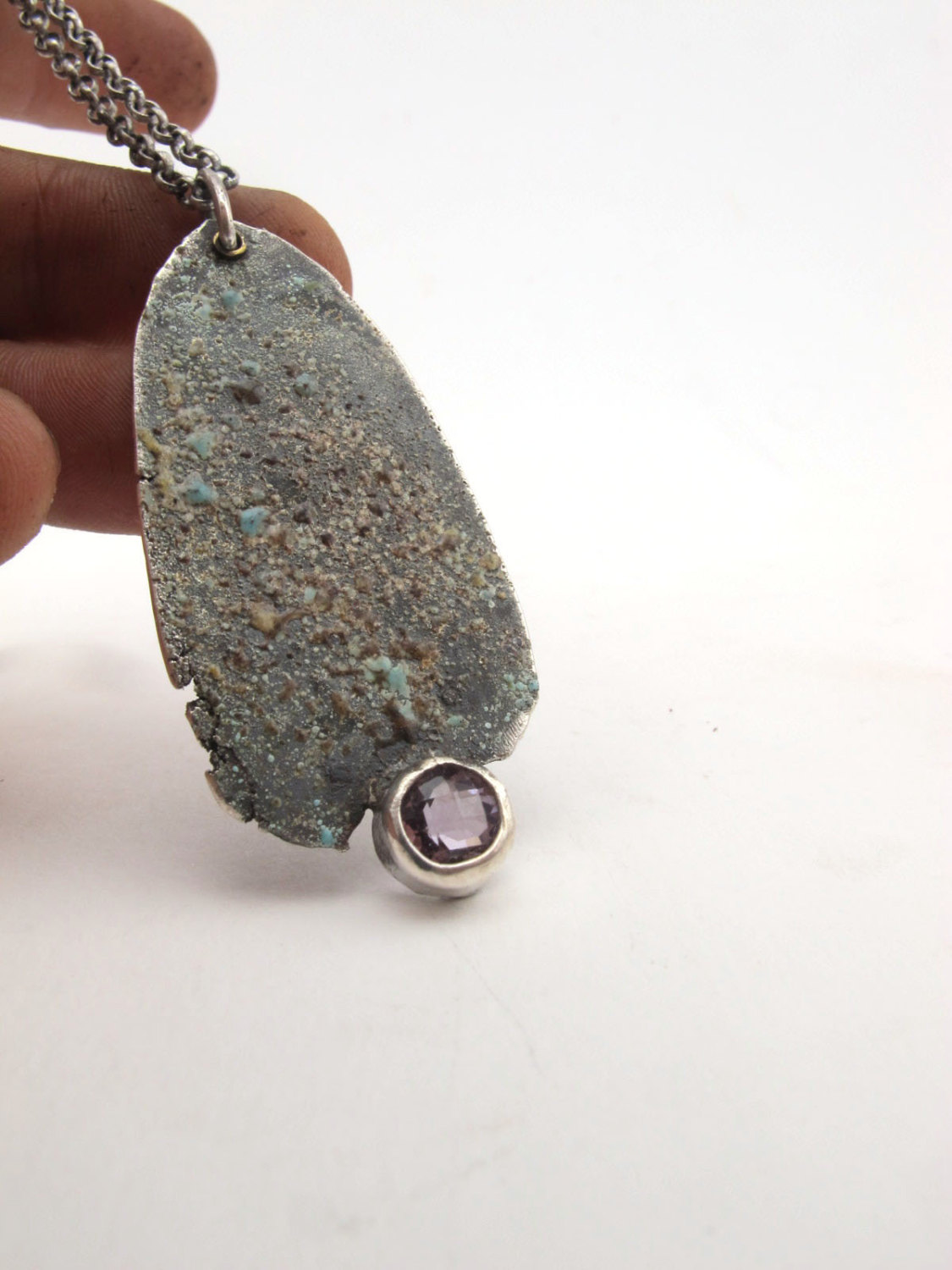 Mossy Pendant- Sterling Silver And Amethyst Tag Pendant.