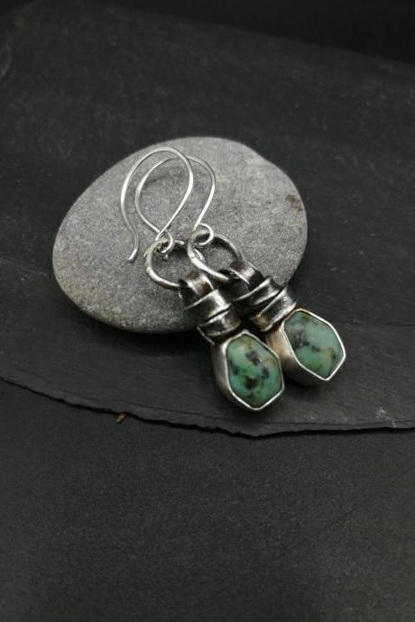 Boho Sweet Green turquoise and oxidized raw recycled sterling silver drop earrings Natural Gemstones Zen rough wabi sabi fun unique design