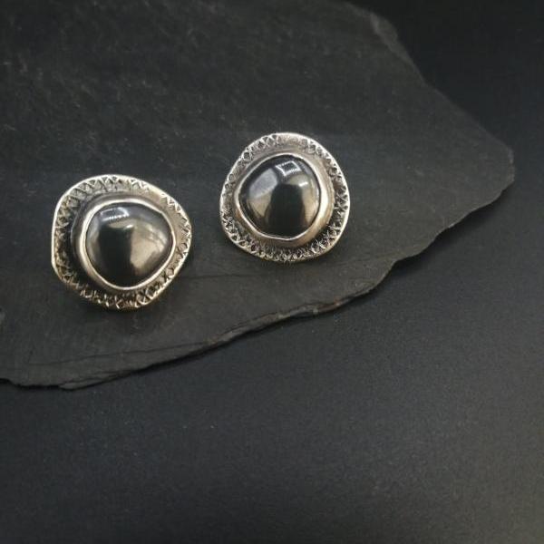 Textured silver and pyrite gemstone stud earrings with stamped oxidize pattern light and dark designer jewelry simple yet unique wabi sabi