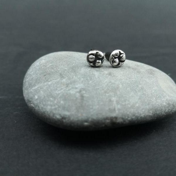 Dainty Pebbles Stamped studs Organic Sterling silver Delicate Studs Wabi sabi Handmade Tribal Mini Studs Gift for her Boho Oxidized silver