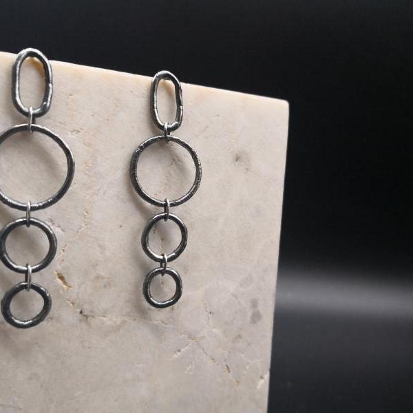 Monochromatic long circle chain earrings handmade with recycled sterling silver, Bohemian yet modern, available in polished and oxidized.